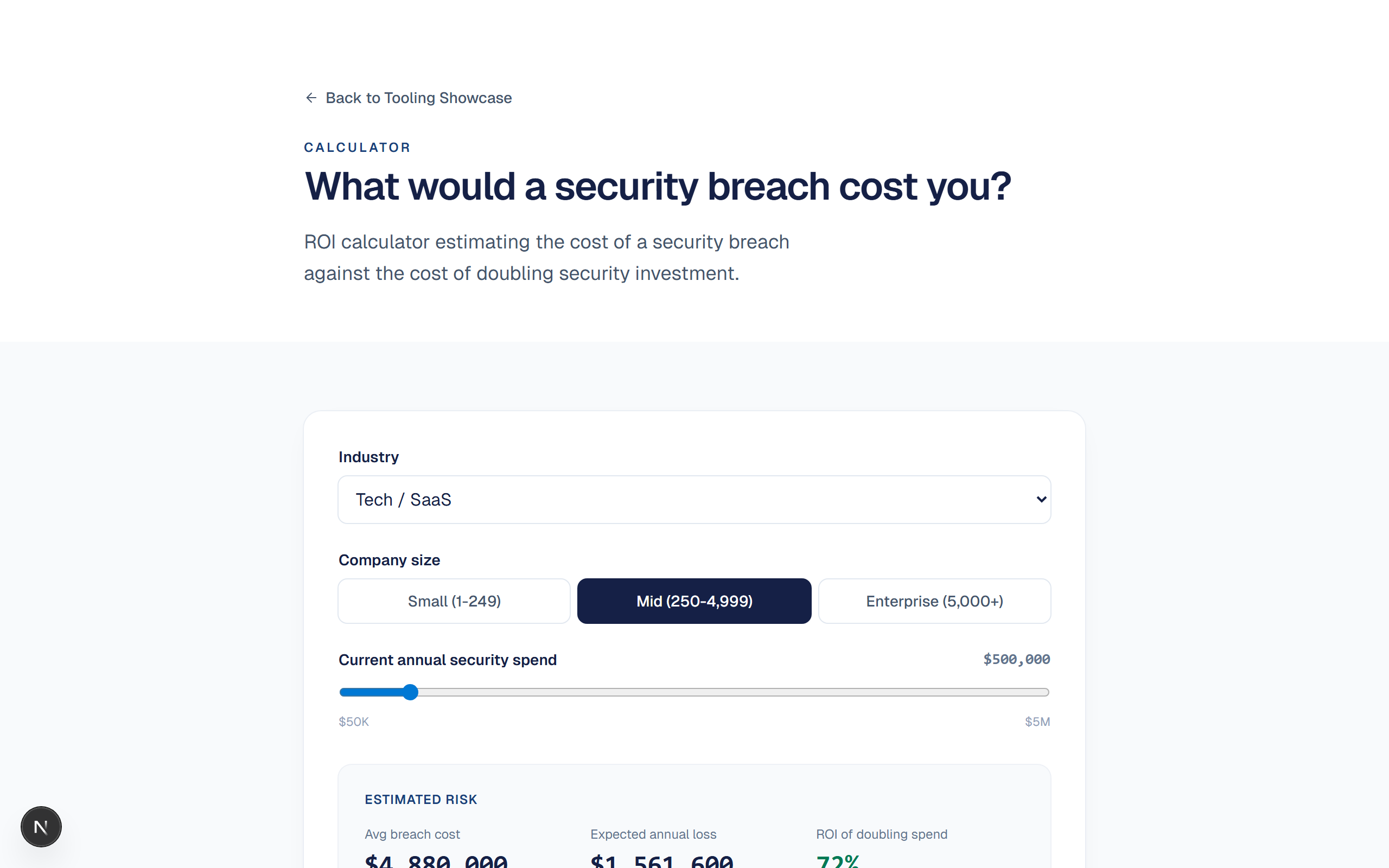 Preview of Vault: ROI calculator estimating the cost of a security breach against the cost of doubling security investment.
