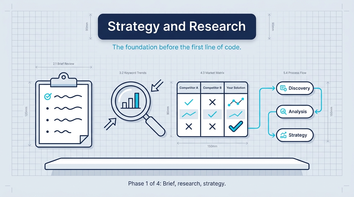 Strategy and research workspace illustration: a navy header card reading 'Strategy and Research' over a flat-lay composition with a clipboard (the brief), a magnifying glass over a bar chart (keyword research), a three-column comparison (competitor analysis), and a connected three-node flowchart (the strategy deck).