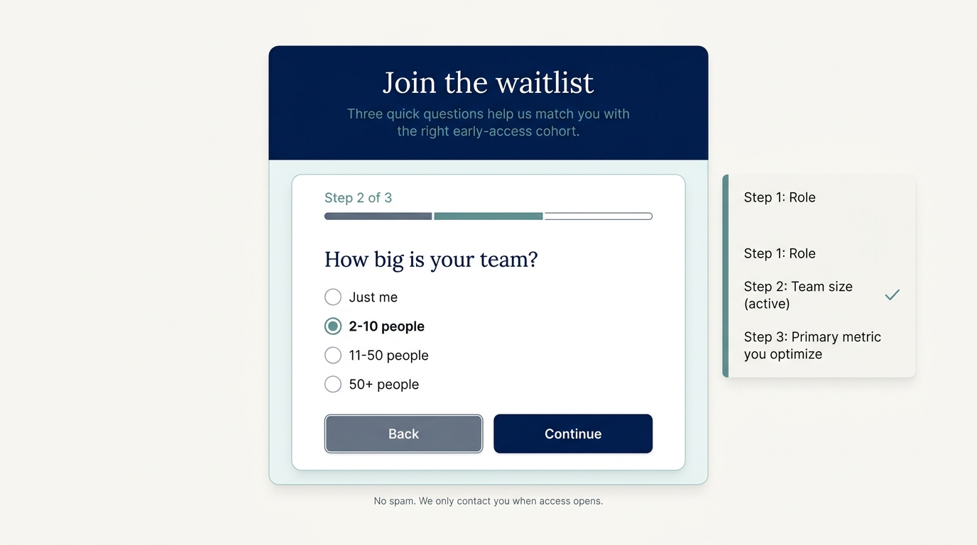 Threshold launch microsite waitlist section. Deep-navy header card reads 'Join the waitlist'. A multi-step form below shows Step 2 of 3 with the question 'How big is your team?' and four radio options, one selected with a muted-teal ring. Back and Continue buttons.